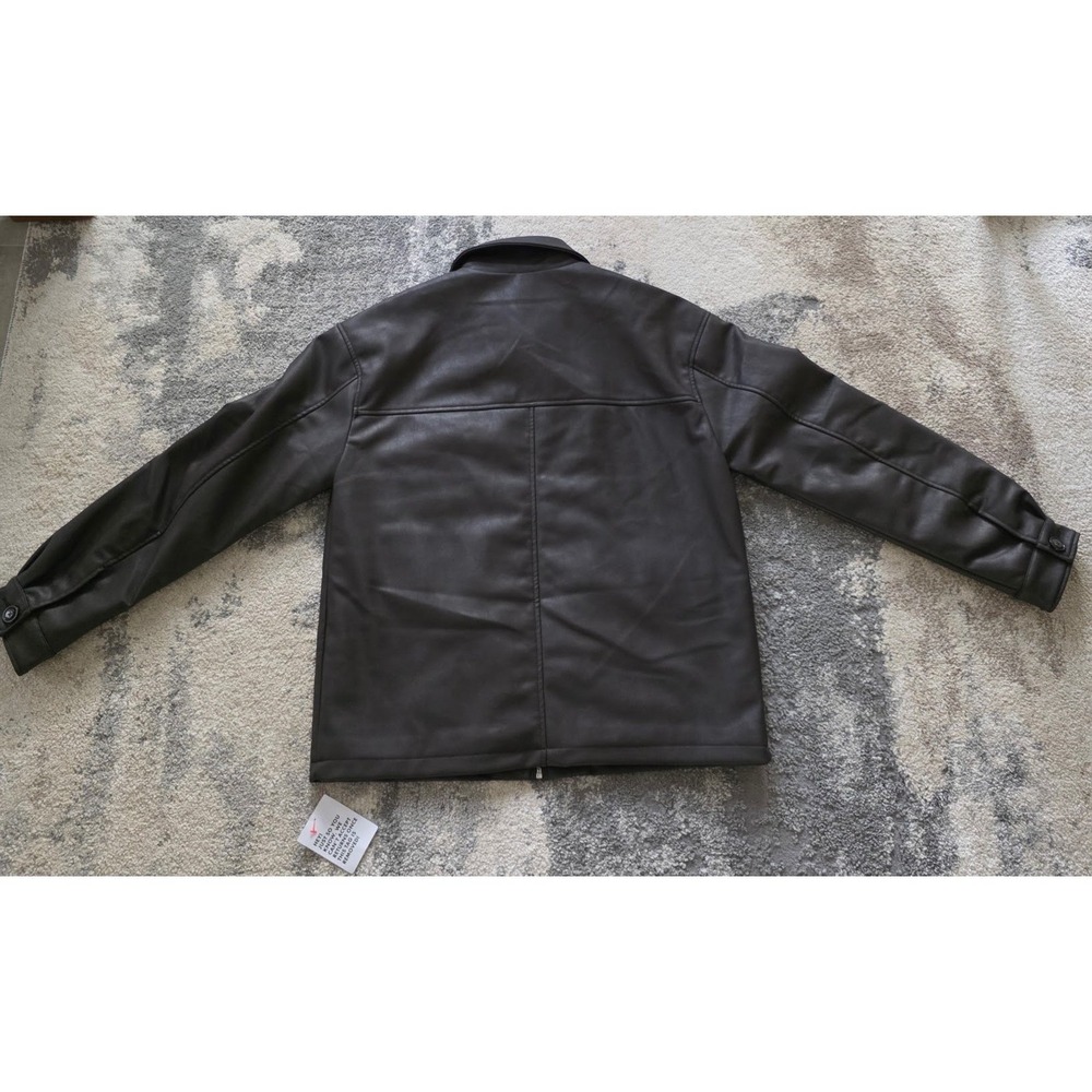 Topman Mens Dark Brown Faux Vegan Leather Trucker Jacket Size S Quilted Lined - Picture 2 of 14